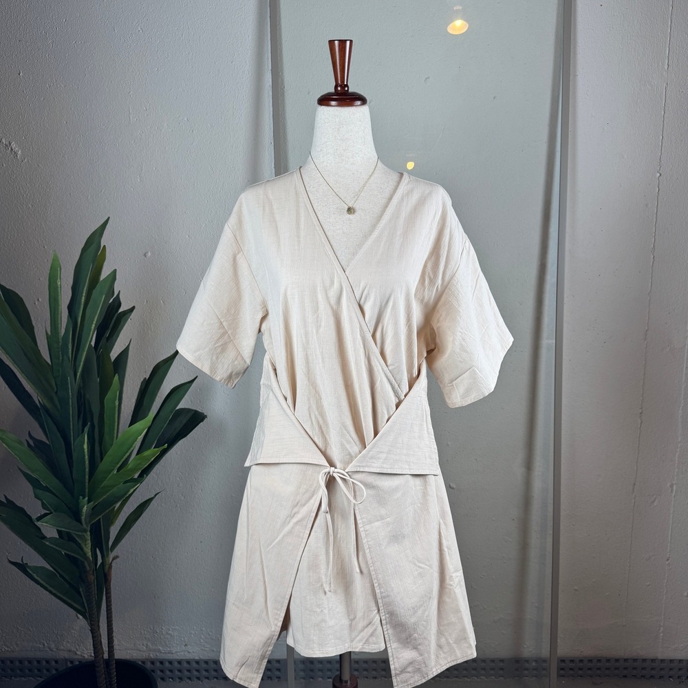 Sabo Harper Dress Women S Beige NWT Wrap Mini Short Sleeve Coastal Minimal